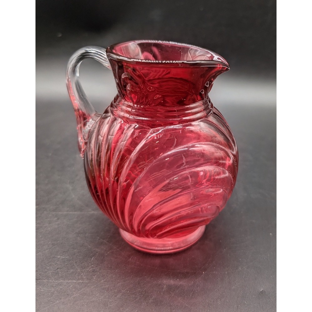 Vintage Fenton Cranberry Glass Swirl Optic Mini Pitcher Applied Handle Ruby Red